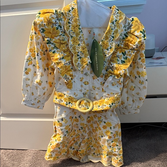FARM Rio Pants - FARM Rio Yellow Floral Ruffle Belted Jumpsuit Romper